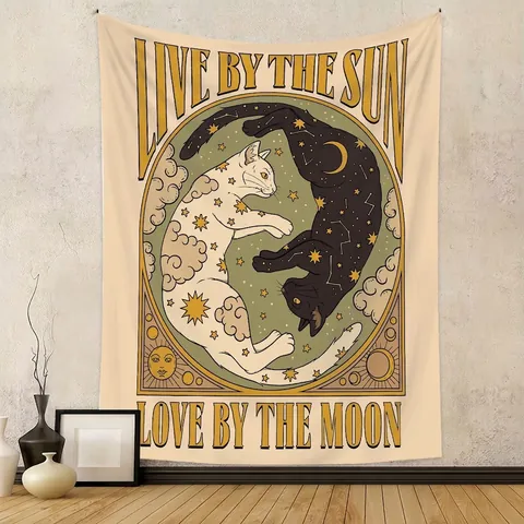 Mystischer Katzen Wandteppich Polyester Himmlische Sonne Mond Tarot Kunst Böhmische Retro Ästhetik Schlafzimmer Deko