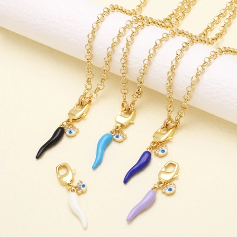 Evil Eye Cornicello Pendant Necklace Copper 18K Gold Plated Zircon Enamel Bohemian Amulet Jewelry For Women
