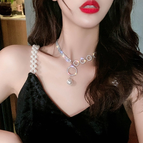 Elegante Collana Di Künstliche Perle Asimmetriche Lusso Strass Cerchi Geometrici Lega Choker Per Donna Festa