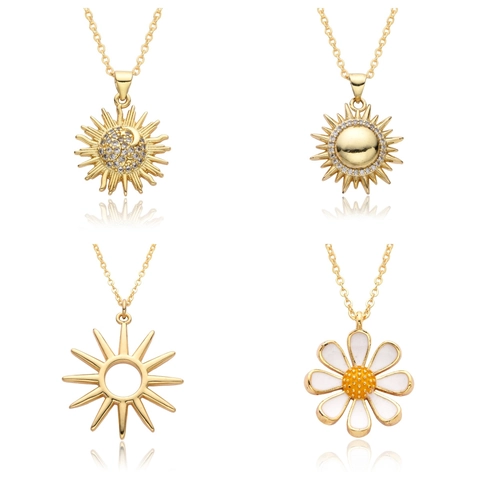 Fashion Copper Gold Plated Rhinestone Sun Moon Daisy Pendant Necklace For Women Exquisite Celestial Flower Jewelry O-Chain Accessory