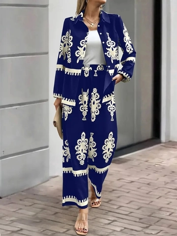 Camicia A Maniche Lunghe E Pantaloni A Gamba Larga Con Stampa Geometrica Da Donna Poliestere Elegante Casual