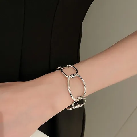 Alloy Chain Link Cuff Bracelet High Polish Thick Open Geometric Bangle Fashion Minimalist Jewelry For Women