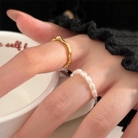 925 Sterling Silver Ring With Freshwater Pearl Irregular Wave Design Korean Style Minimalist Jewelry For Women