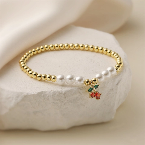 Fashion Cherry Charm Bracelet With Imitation Artificial Pearl Copper Alloy Beads Zirconia Inlaid Sweet Fruit Style Jewelry For Women Gift