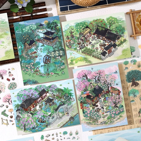 Autocollants De Scénographie DIY PET Carton Pour Journal Scrapbooking Style Jardin Architecture Chinoise Ancienne