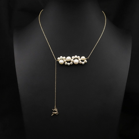 Halskette Mit Natürlichen Süßwasserperlen Für Damen 18K Vergoldetes Kupfer Flacher Elch Hirsch Anhänger Vintage Y-Form Schmuck