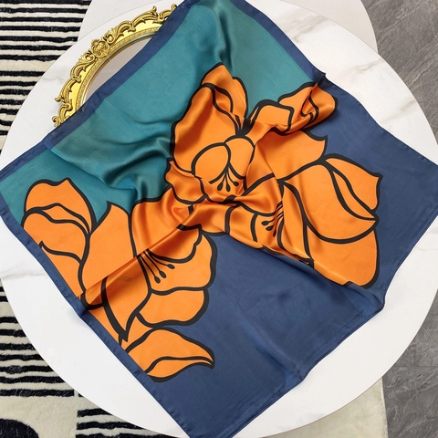 Abstract Floral Print Satin Square Scarf Satiny Neck Wrap For Women Hair Band Bag Accessory French Elegant Vintage Style
