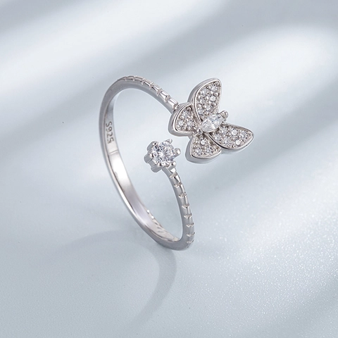 S925 Sterlingsilber Schmetterling Offener Ring Für Damen Minimalist Verstellbar Zirkonia Fingerring Korean Waldstil Schmuck