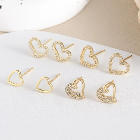 Heart Stud Earrings Gold Plated Copper Zircon Jewelry Women With 925 Sterling Silver Earring Post Elegant Minimalist