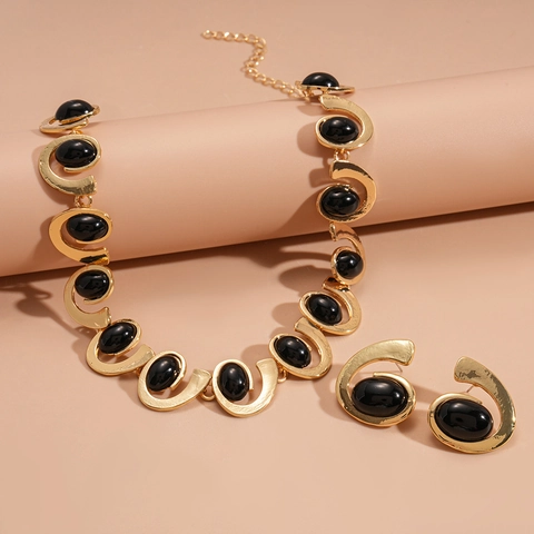 Collana E Orecchini Geometrici Ovali Vintage Lega Oro Con Resina Nera Per Donna Stile Retro Elegante