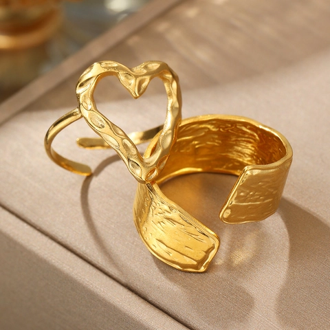 Hammered Hollow Heart And Wide Band Adjustable Rings 18K Gold Plated Stainless Steel Wrinkled Jewelry For Women