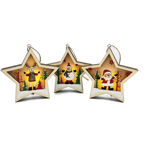 Adorno Colgante Estrella De Navidad De Madera Con Luz LED Escena Papá Noel Muñeco De Nieve Reno Decoración Hogar