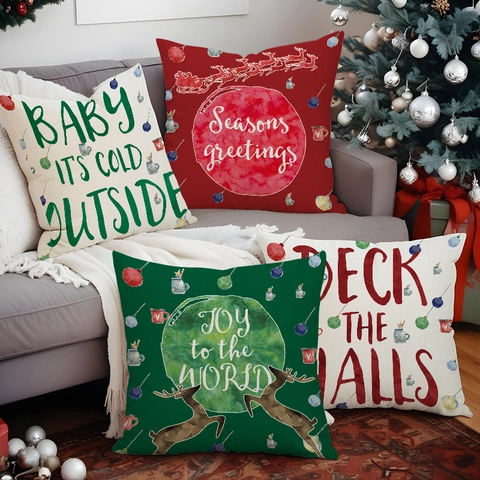 Kerst Kussenslopen Linnen Decoratieve Kussenhoes Voor Sofa Vakantie Rendier Print Winter Woondecoratie Vierkant