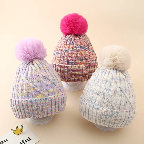 Kids Winter Knitted Beanie Hat Gradient Colorful Fleece Lined Warm Skiing Cap With Faux Fur Pom Pom For Girls Boys