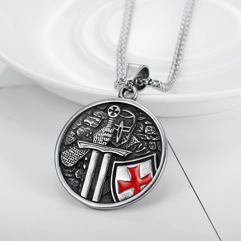 Collana Con Ciondolo Scudo Cavaliere Crociato Templare Acciaio Inossidabile Croce Rossa Smalto Gioielli Vintage Punk Per Uomini