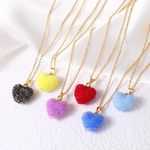 Collier Pendentif Coeur Cuivre Plaqué Or Véritable Acrylique Texture Cristal Coloré Chaîne En O Bijoux Minimalistes Femmes