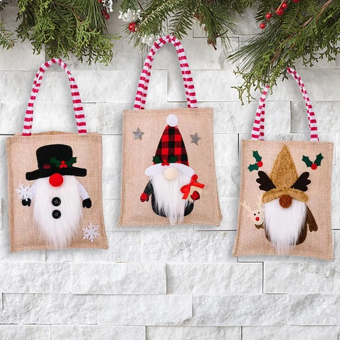 Christmas Burlap Gift Bags Gnome Snowman Reindeer Pattern Handheld Candy Pouch Holiday Party Decoration Linen Totes