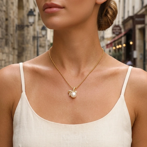 Süßwasserperlen Anhänger Halskette Schleife Strass Elegant Französischer Stil Vergoldete Kugelkette Schmuck Damen