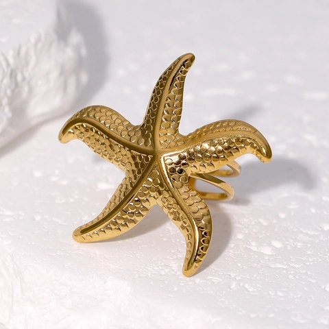 Anillo Abierto De Estrella De Mar Acero Inoxidable Texturizado Ajustable Vida Marina Joyería De Dedo Minimalista Mujeres