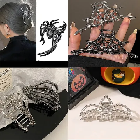 Halloween Metal Hair Claw Clips Gothic Punk Skeleton Hand Spider Bat Snake Rhinestone Hair Accessories For Women