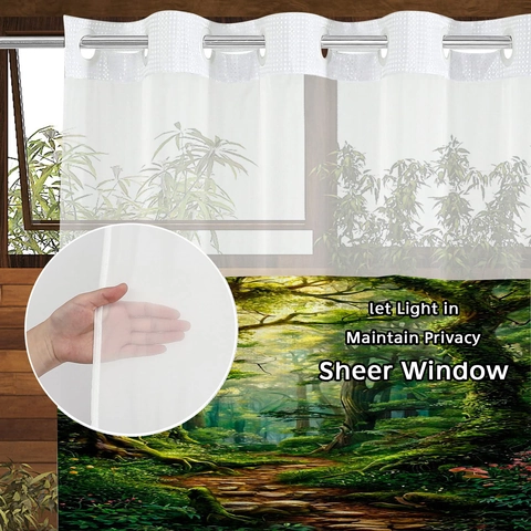 Wasserfester Polyester Waffel Duschvorhang Waldlandschaft Netzfenster Hakenloses Ringdesign Gewichtete Magnete