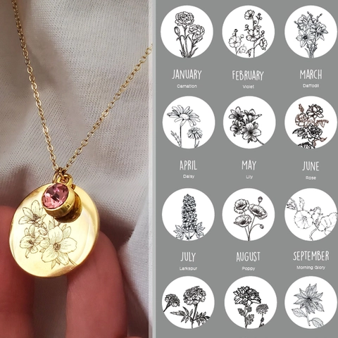 Collana Con Fiore Del Mese Di Nascita Per Donna Acciaio Inossidabile Placcato Oro 18K Ciondolo Floreale Rotondo Con Zircone