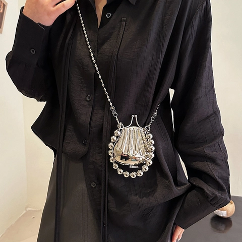 Mini Pochette En Métal En Forme De Coquillage Avec Poignée En Künstliche Perles Miroir Argent Sac À Main Soirée Femmes