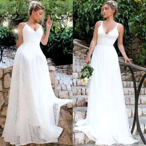 Elegante Witte Kant Trouwjurk V Hals Spaghettibandjes Rugloos Lang A Lijn Bruidsjurk Voor Vrouwen