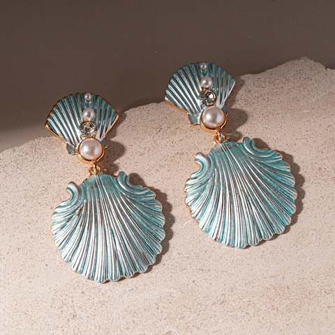 Pendientes Colgantes Concha Esmalte Azul Vieira Brillantes Perla Artificial Imitación Poste De Plata De Ley 925 Mujer