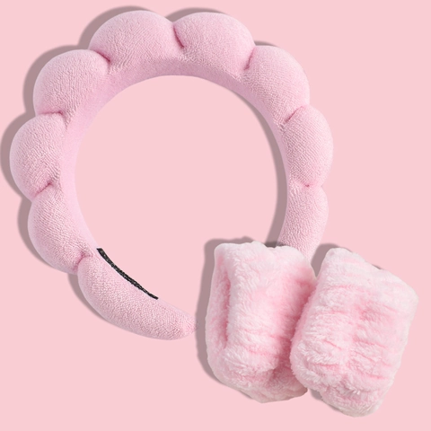 Ensemble Bandeau et Poignets en Polaire Corail Peluche Maquillage Lavage Visage Cloud Bande à Cheveux Mignon Nœud Accessoires Cheveux Pour Femmes