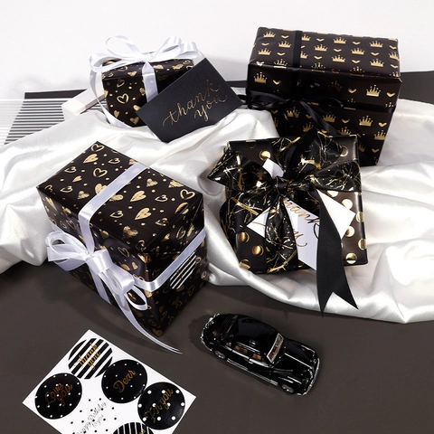 Black Gold Foil Gift Wrapping Paper Roll Bronzing Coated Paper Polka Dot Crown Heart Luxury Birthday Wedding Holiday Party