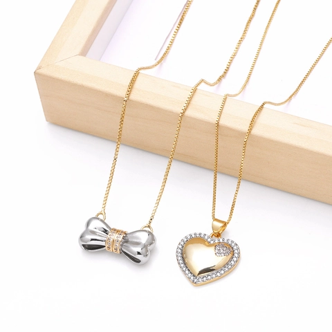Mode Galvanisierte Kupfer Halskette Für Damen Einfacher Schleife Herz Anhänger Zirkonia Eingelegt Box Kette Pendler Schmuck