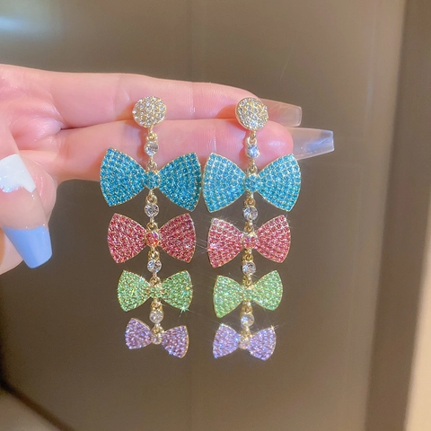 Colorful Rhinestone Bow Dangle Earrings With Silver Earring Post Luxury Long Tassel Fashion Jewelry For Women