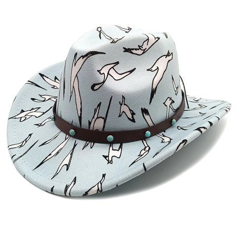 Western Cowboy Hat Wide Brim Bird Print Polyester Faux Leather Band Turquoise Rivets Ethnic Style Outdoor Sun Hat