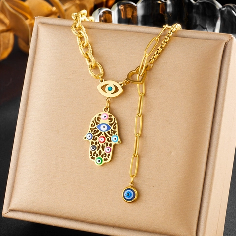 Vintage Gold Plated Stainless Steel Hamsa Hand Evil Eye Pendant Necklace Bohemian Colorful Enamel Double Layer Chain Jewelry For Women