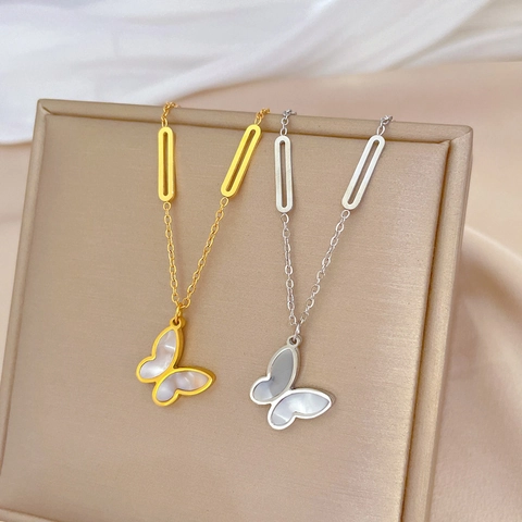 Butterfly Pendant Necklace Titanium Steel Mother Of Artificial Pearl Shell Inlay Minimalist Elegant Gold Plated Jewelry For Women