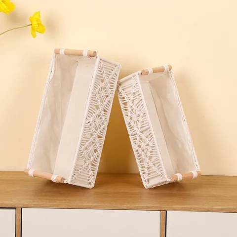 Aufbewahrungskorb Baumwollseil Geflochten Mit Holzgriffen Stofffutter Boho Schreibtisch Organizer Box Badezimmer