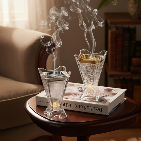 Vintage Crystal Glass Incense Burner With Metal Rim Embossed Arabic Bakhoor Burner Candle Holder For Home Decor Ornament