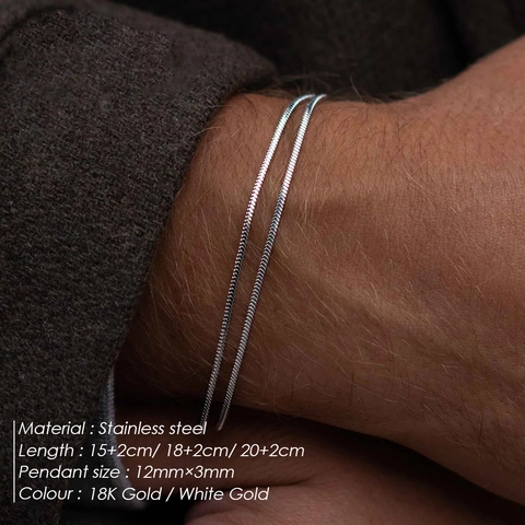 Stainless Steel Snake Chain Bracelet 18K Gold Plated Minimalist Adjustable Jewelry With Rectangular Tag For Men Women