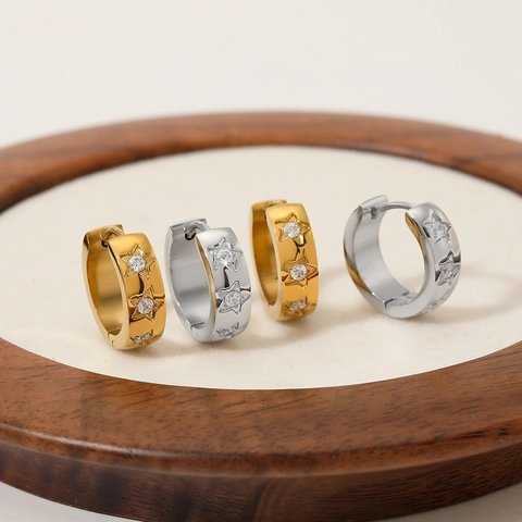 Stainless Steel Hoop Earrings For Women Retro Fashion Star Pattern Inlaid Cubic Zirconia Round Gold Silver Color Jewelry