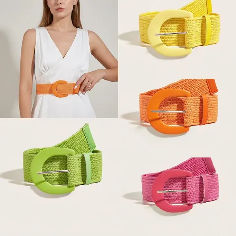 Women Woven Belt PP Straw Elastic Stretch D-Ring Pin Buckle Bohemian Summer Retro Style