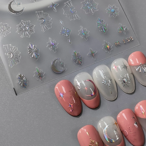 3D Embossed Nail Art Stickers Holographic Celestial Moon Star Patterns Self Adhesive Metallic Bohemian Manicure Decoration