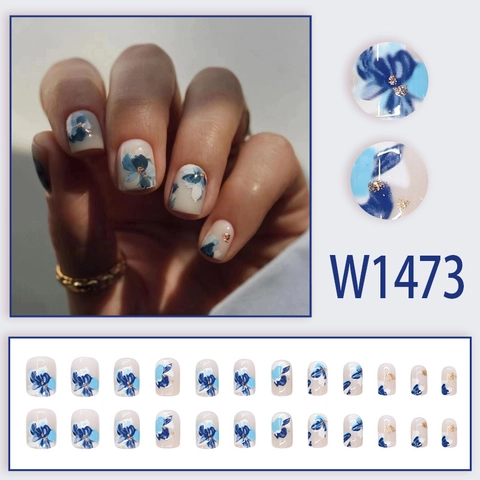 Blaue Kamelien Blumen Press On Nails Kurz Quadratisch Retro Elegant Aquarell Goldfolie Künstliche Nägel