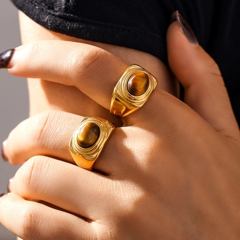 Anello Vintage in Acciaio al Titanio Occhio di Tigre Minimalista Placcato Oro Argento Bordo Strutturato Gioielli Donna