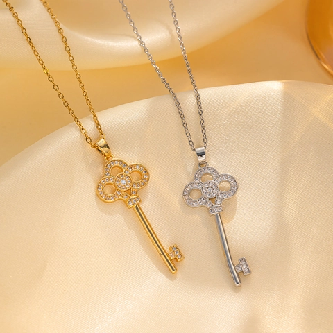 Heart Crown Key Pendant Necklace Stainless Steel Titanium Rhinestone Inlaid Clavicle Chain Jewelry For Women Elegant Gift