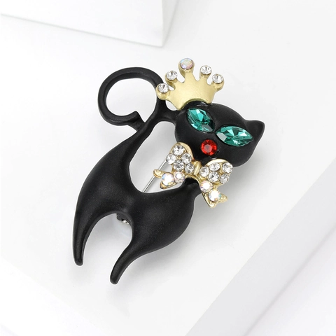 Schwarze Katze Brosche Legierung Emaille Strass Pin Mit Goldener Krone Schleife Für Damen Mode Kleidung Accessoire Süßes Tier