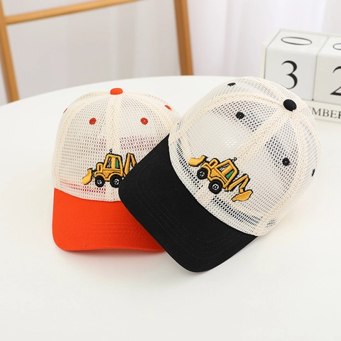 Kids Mesh Baseball Cap Breathable Sun Hat Cartoon Excavator Embroidery Peaked Cap For Boys Girls Toddler Adjustable Trucker Hat