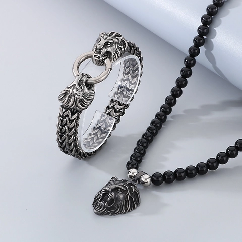 Men Vintage Lion Head Stainless Steel Braided Bracelet And Black Agate Beaded Necklace Punk Hip Hop Jewelry Accessory