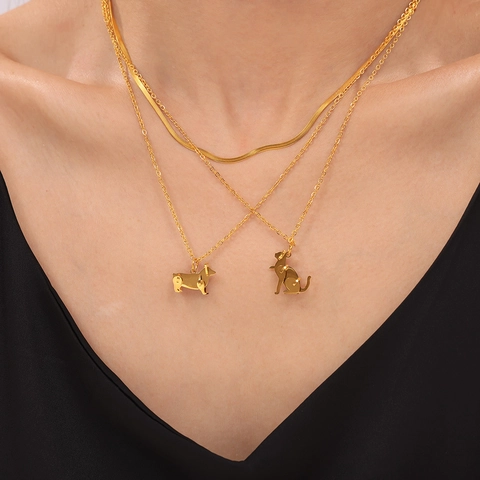 Minimalistische Vergulde Titaniumstaal Dierlijke Hanger Ketting Voor Vrouwen Dubbellaagse Kat Corgi Hond Slangenketting Sieraden