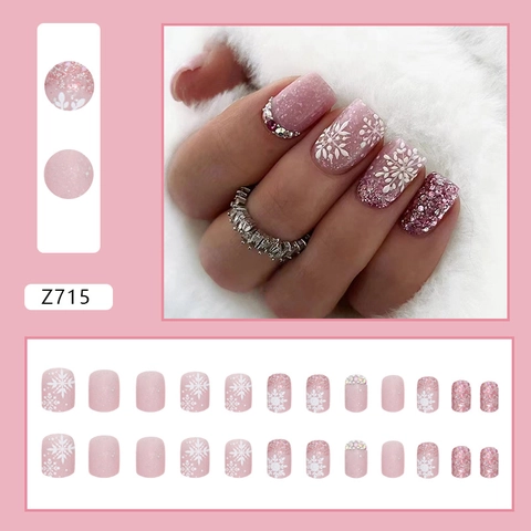 Faux Ongles Courts Carrés Rose Pailleté Dégradé Flocon De Neige Strass Noël Hiver Style Pour Femmes
